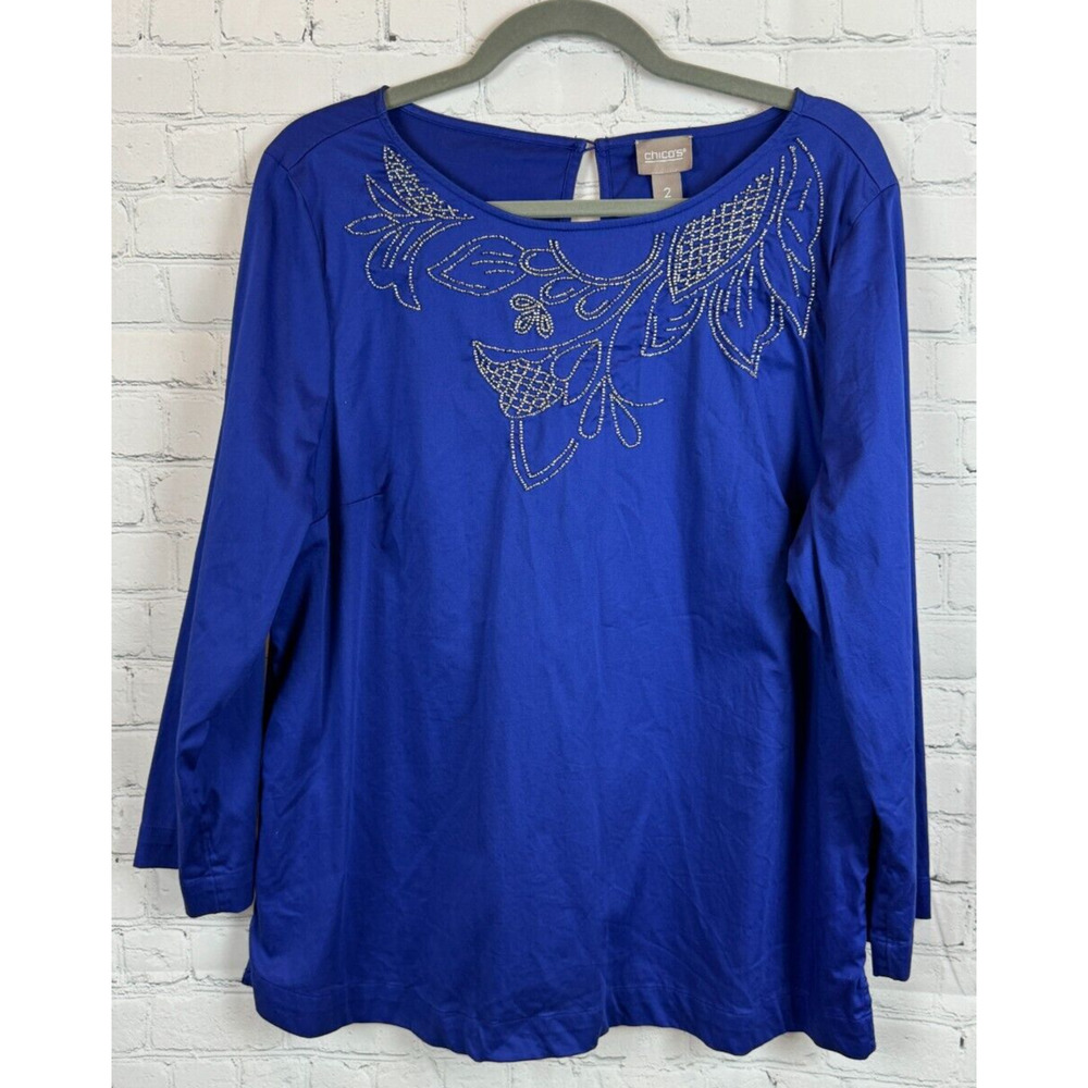CHICO'S royal blue cotton stretch beaded top blouse tunic size 2 12 L - Picture 1 of 9